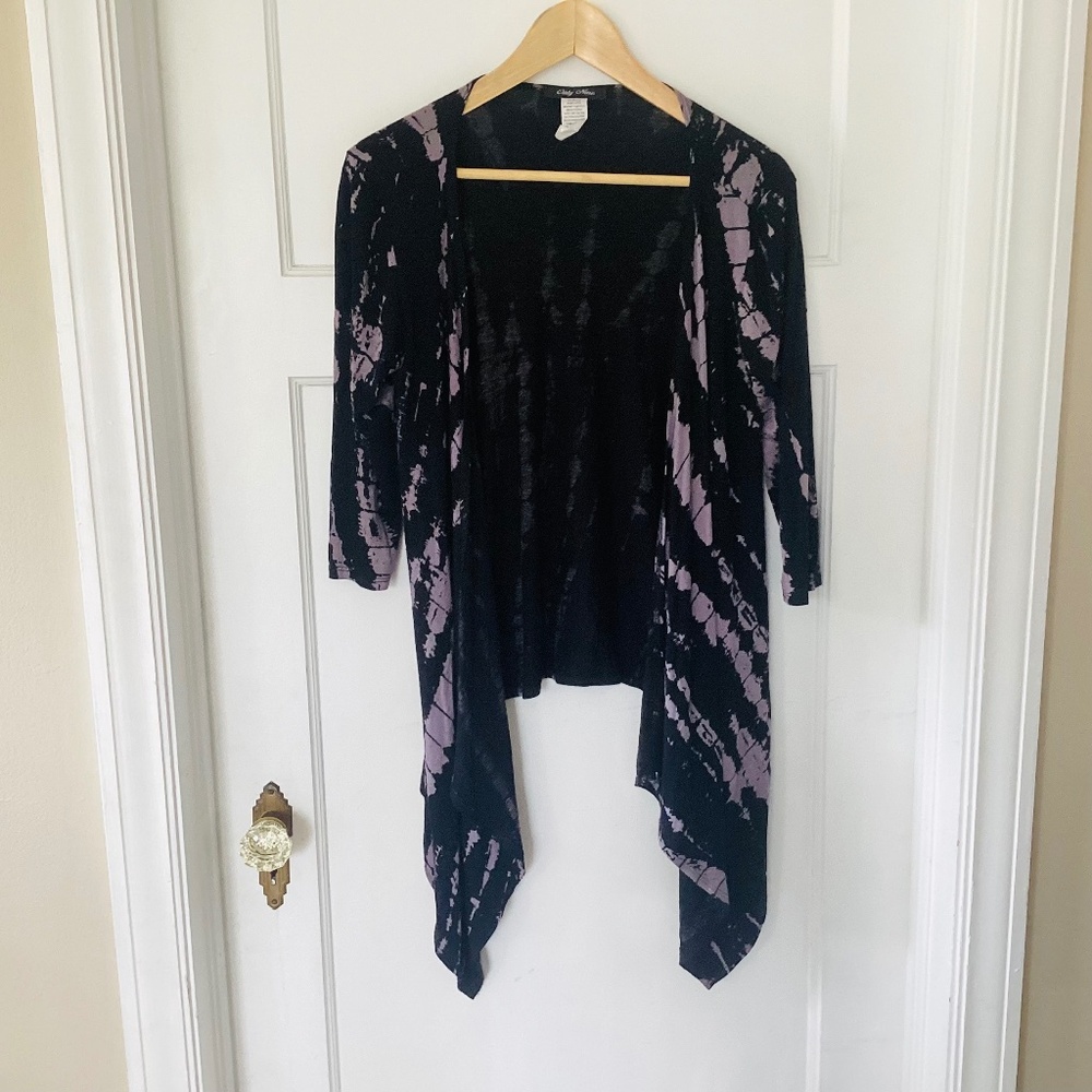 ONLY NINE Tie-Dye Print 3/4 Sleeve Waterfall Cardigan S Back Purple Grunge Goth
